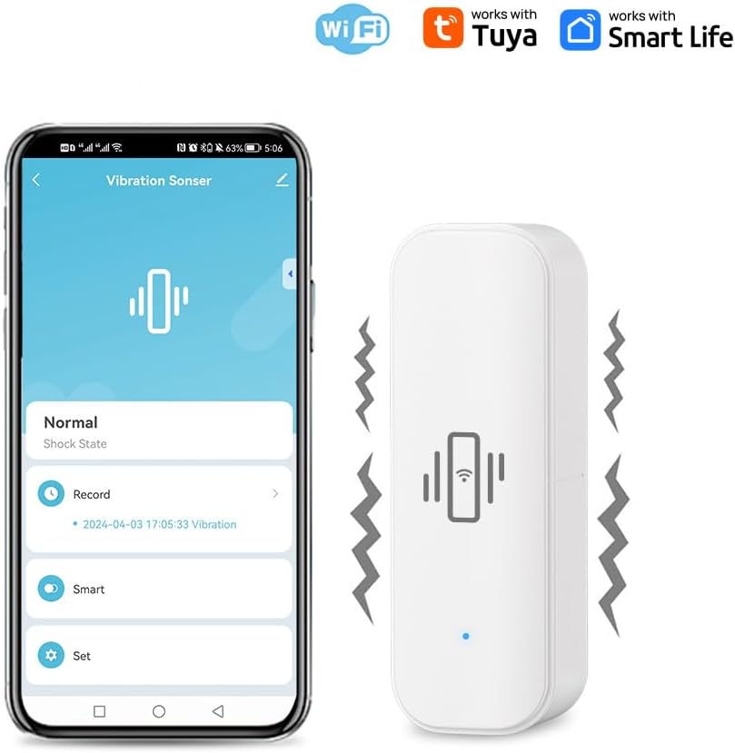 UHPPOTE 2.4GHz WiFi Vibration Sensor Shock Alarm Detector No Hub Required | for Door Window Drawer Work with Tuya APP