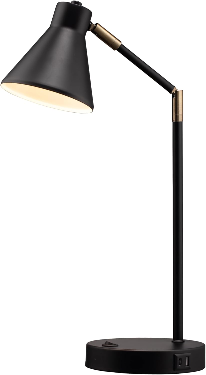 O'Bright Astrum - LED Desk Lamp with Dual USB Charging Ports, 100% Metal, 270 Degree Swivel Arms, Soft White Light (3000K), Bedside & Home Office Table Lamp, ETL Listed, Black