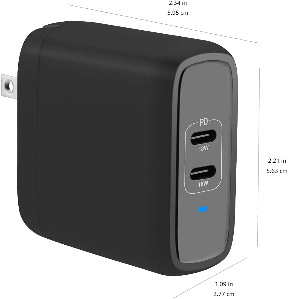 Amazon Basics 36W Dual Port USB-C Wall Charger with Power Delivery, Foldable Plug, for Tablets & Phones (iPhone 15/14/13/12/11/X, iPad, Samsung, and More), Non-PPS, 2.34 x 2.21 x 1.09 inches, Black