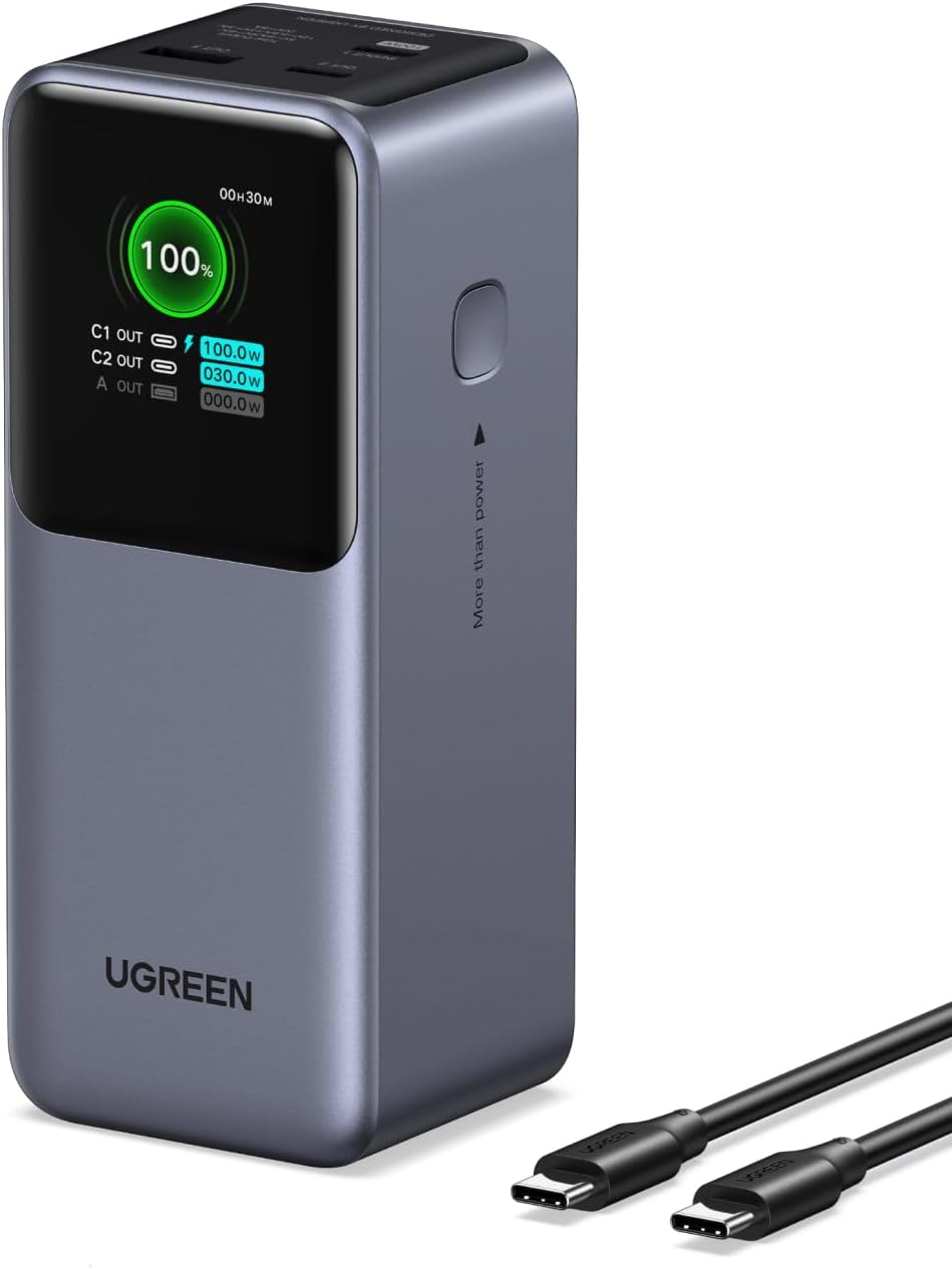 UGREEN Nexode 20000mAh 130W Portable PD Power Bank for MacBook Pro 16 | TFT smart display, 72Wh, PD 3.0. Fast for MacBook, iPad, iPhone 17/16, 3-port for multiple devices