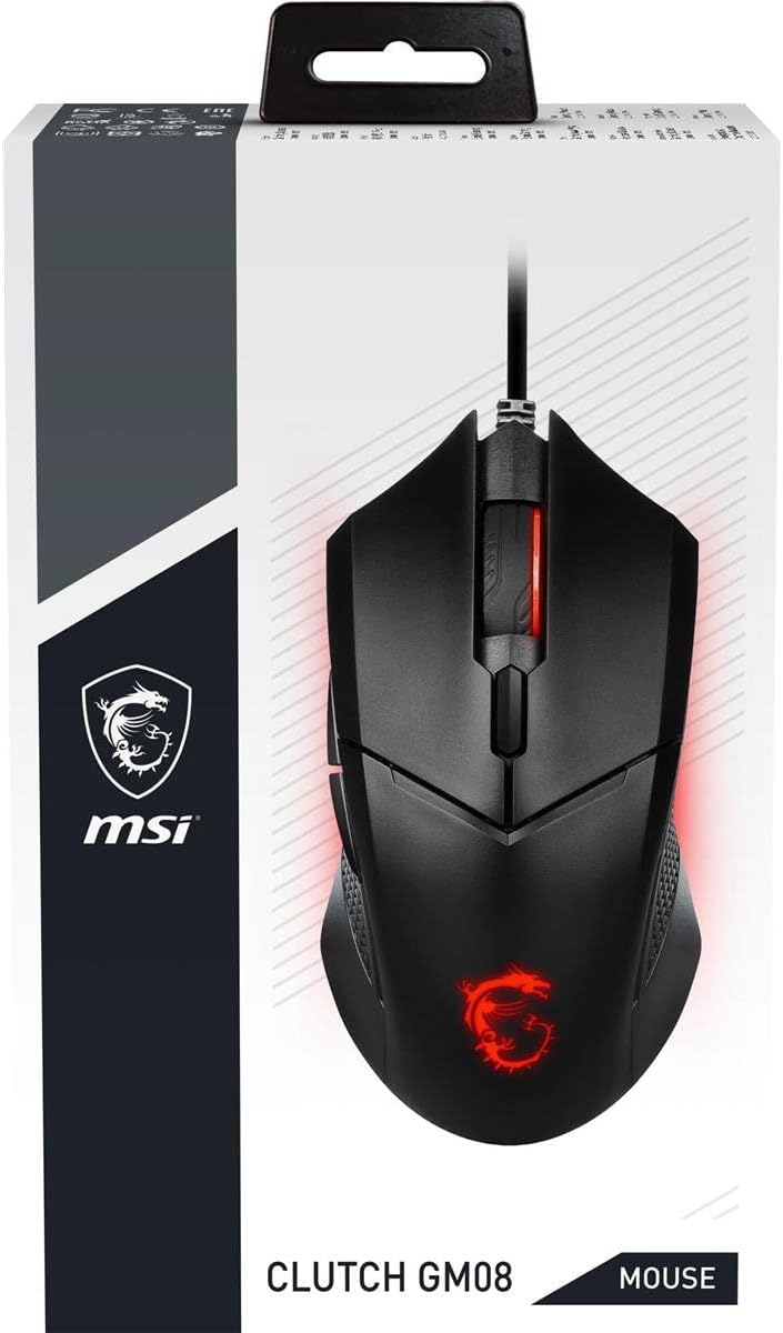 msi Clutch GM08 Gaming Mouse, 4200 DPI, Optical Sensor, 3 Adjustable Weights, Red LED Lighting, Symmetrical Design
