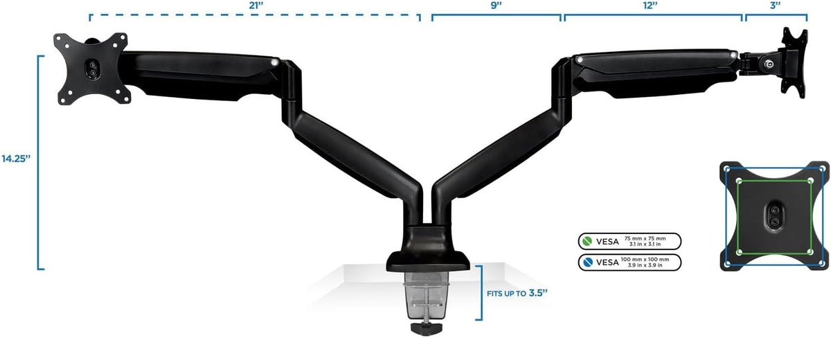 Mount-It! Dual Monitor Arm Mount | Desk Stand | Two Articulating Gas Spring Height Adjustable Arms | Fits 2 x 24 27 29 30 32 Inch VESA 75 100 Compatible Screens | C-Clamp and Grommet Bases (Black)