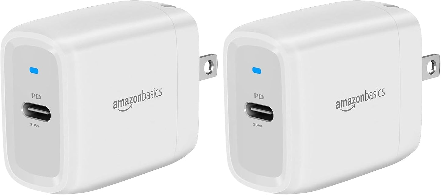 Amazon Basics 30W One-Port GaN USB-C Wall Charger with Power Delivery PD for Tablets & Phones (iPhone 16/15/14/13/12/11/X, iPad, Samsung, More), Non-PPS, White