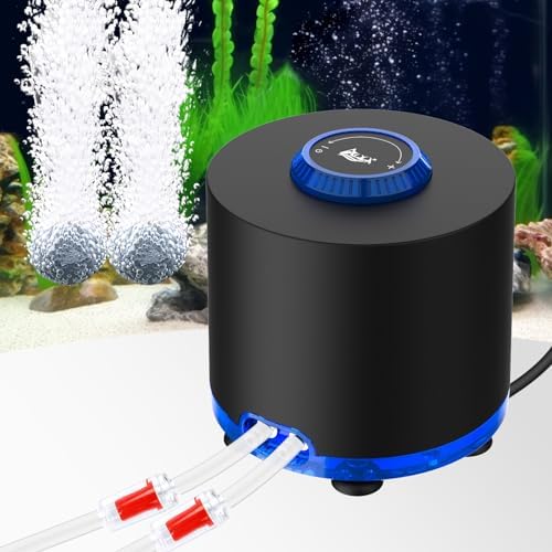AQQA Aquarium Air Pump, 3W Powerful Dual Outlet Adjustable Oxygen Aerator | Quiet Operation, Stainless Steel Outlet Fish Air Pump, Adjustable Air Flow with Air Stone Bubbler, for Up to 80 Gallon Tank