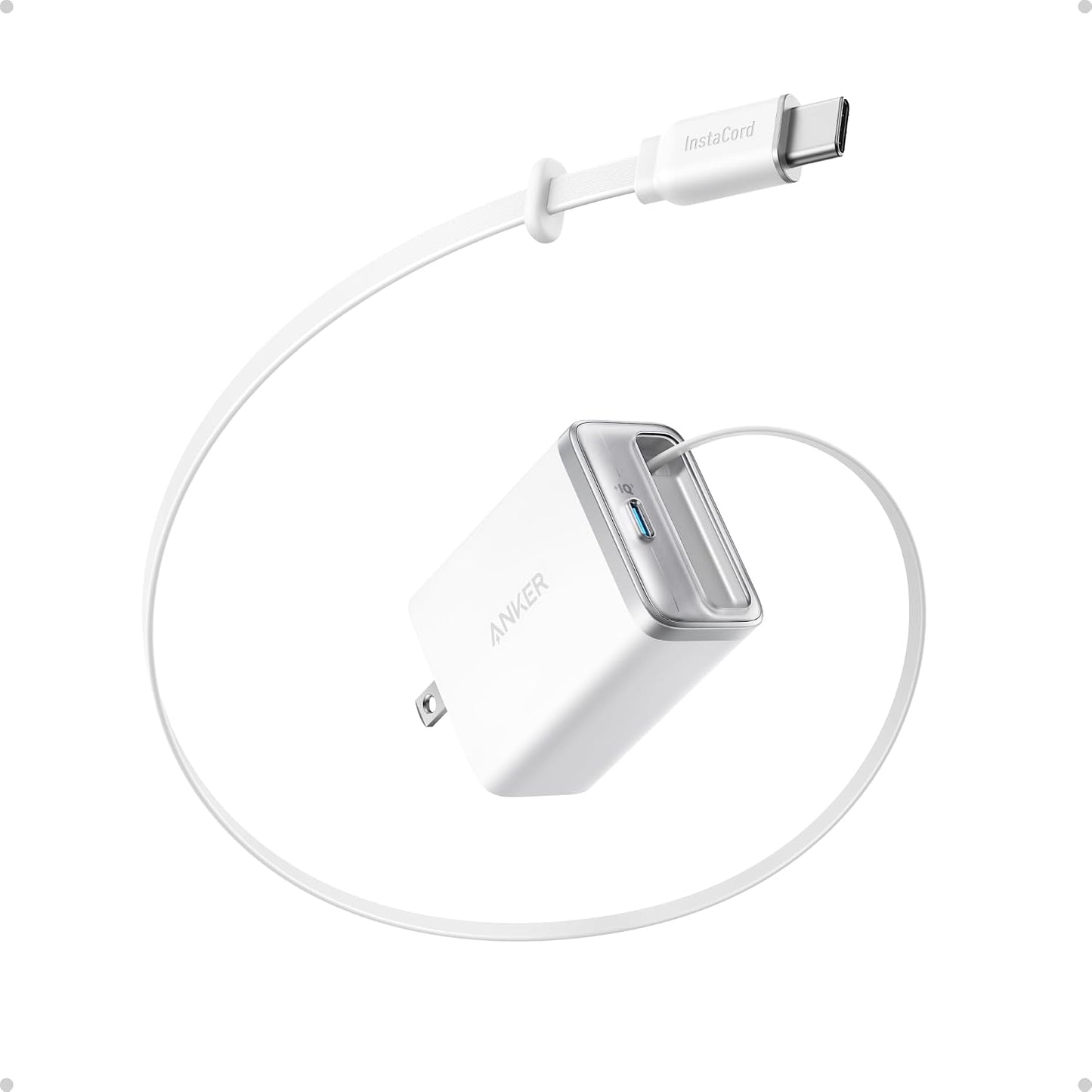 Anker Nano Retractable USB C Charger Block, Compact 35W Phone Charger | 2-Port Charger with Durable Built-in Anker InstaCord Retractable Cable, for iPhone 17/16/15, iPad(Black,Non-Battery)
