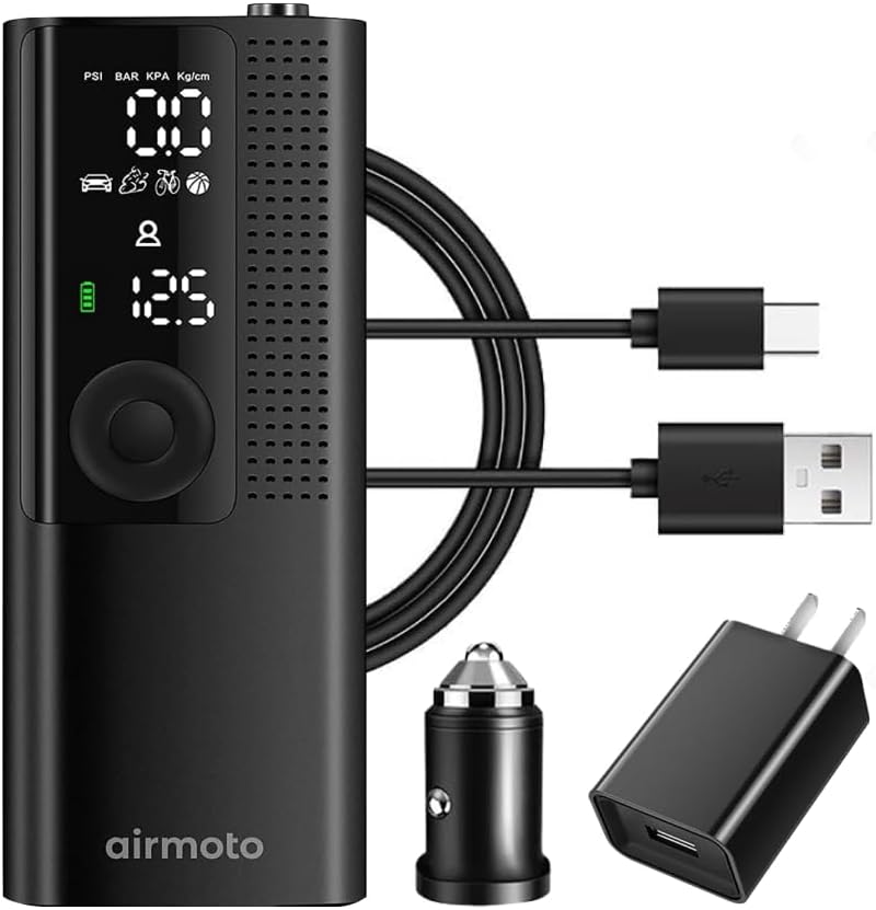 Airmoto Portable Tire Inflator and Car and Home Charger Bundle | Cordless Inflator with Digital Pressure Display, Power Kit Included for Car and Home Charging