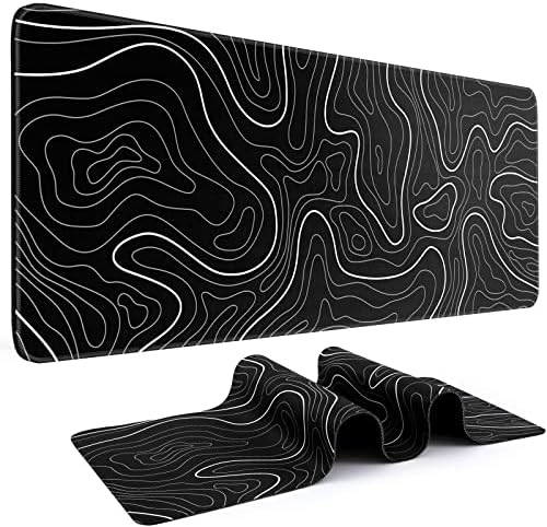 DIGSOM Gaming Mouse Pad, Black with White Topographic Line, 31.5x11.8in | XL Mouse mat, Smooth surface, Anti-slip rubber base, For keyboard and mouse, For home and office use