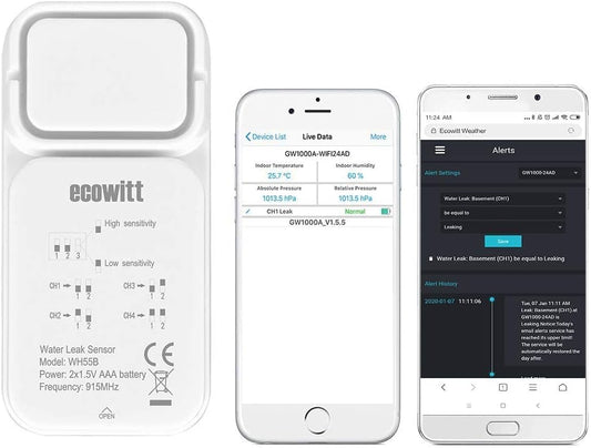 Ecowitt WH55 Wireless Water Leak Detection Sensor with Loud Audio Alarm