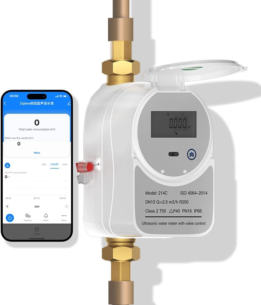 Zigbee Smart Water Meter with Shutoff Valve & LCD Display 214C - Works with Tuya Smart & Home Assistant, Battery-Powered, Remote Flow Monitoring, Zigbee Hub Required (3/4 inch, DN20)