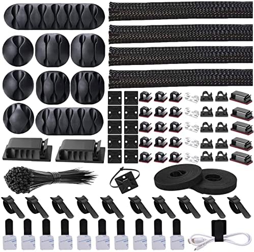 Cord Management Organizer Kit 4 Cable Sleeve split 192PCS Cable Management | 41Self Adhesive Cable Clips Holder, 10pcs and 2 Roll Self Adhesive tie ,100 Fastening Cable Ties, for TV Office Car Desk Home