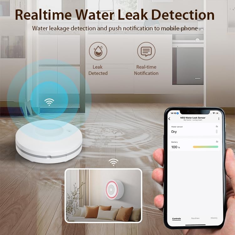 Micmi Smart Water Leak Detector Kit, WiFi Water Sensor Alarm Ultra-Long Range, SMS/APP/Email Alerts, 3 Water Sensors and 1 Base Station, Suit for Home/Basement/Kitchen/Laundry