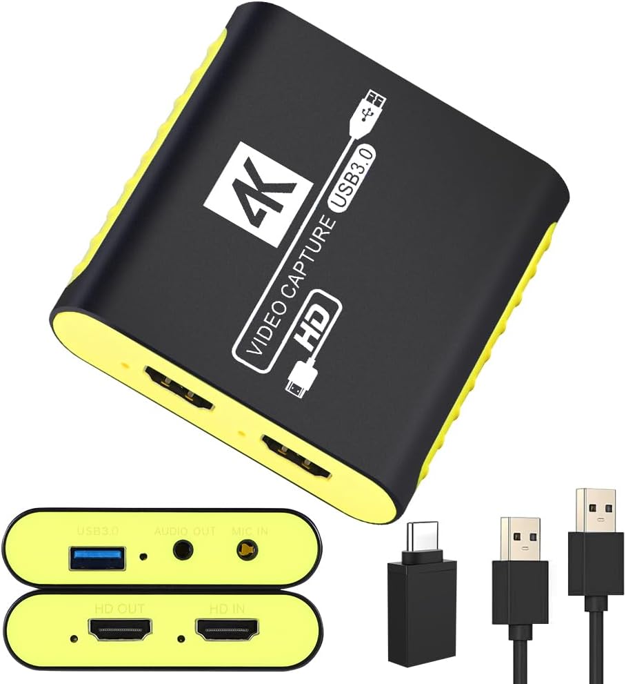 HDMI Capture Card for Nintendo Switch 2, 1080P 60FPS, Yellow | USB 3.0 plug and play, 4K 30Hz passthrough, works with OBS, PS5, Xbox, PC and Mac