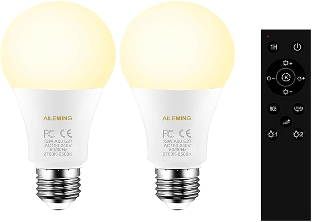 LED Bulb with a 2.4GHz Remote Control, A60 Smart Light Bulb for Lamp, Bedroom, Mood Soothing,12W 1000lm,100W Equivalent,Stepless Dimmable 1% to 100% 2700-6500K,2 Bulb & 1Remote