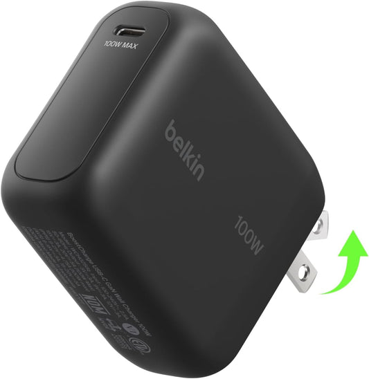 Belkin 100W Compact GaN USB C Charger Block Fast Charging for MacBook | PD 3.2, Super Fast Charging 2.0, Laptop Charger, iPad, iPhone 17, Samsung Galaxy, Pixel, Foldable Prongs, 5ft Cable Included