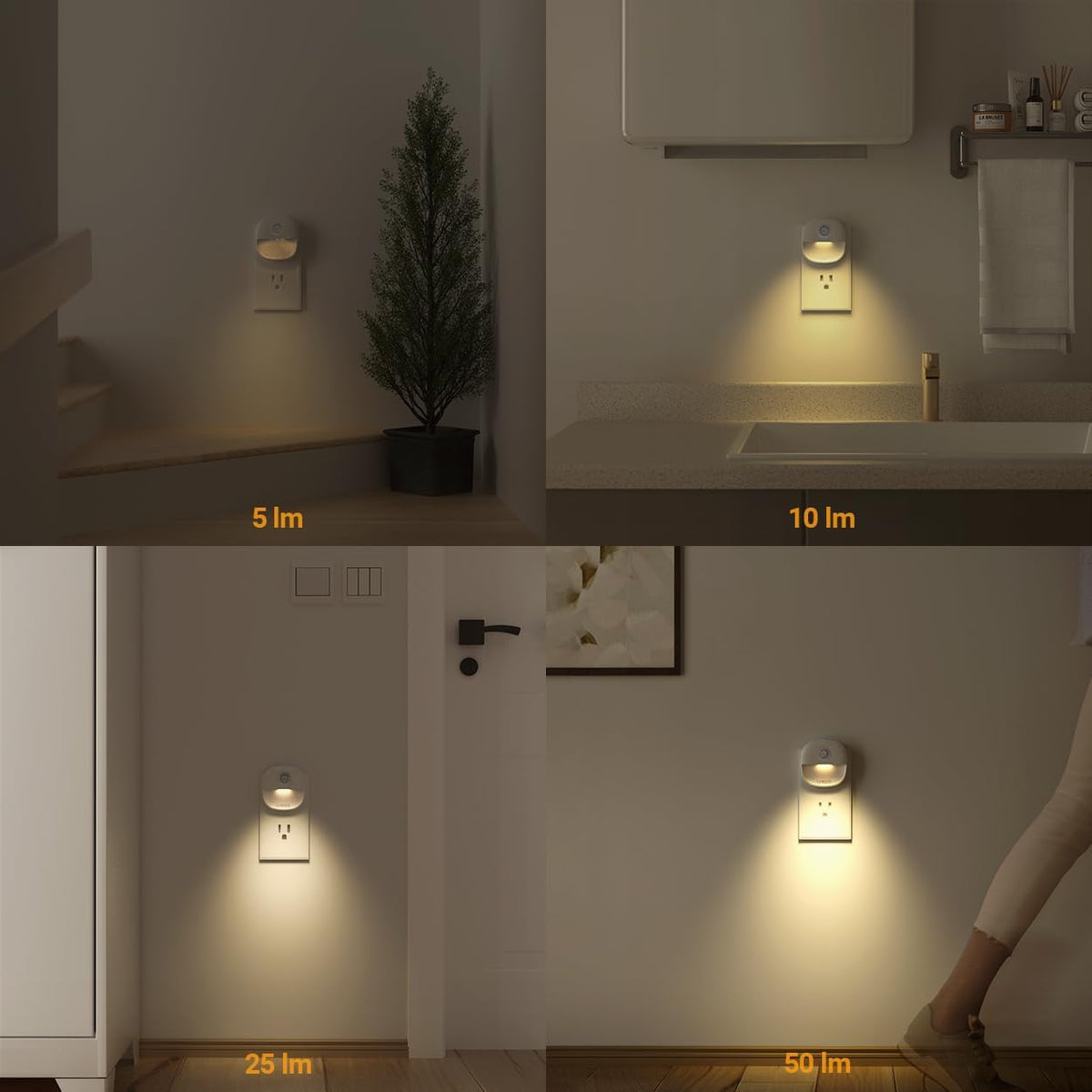 Lyridz Plug in Night Light with Motion Sensor and Dusk to Dawn Sensor, Dimmable Warm Nightlight with 1-50lm Adjustable Brightness Indoor for Bedroom, Bathroom, Stairs, Hallway, 4 Pack