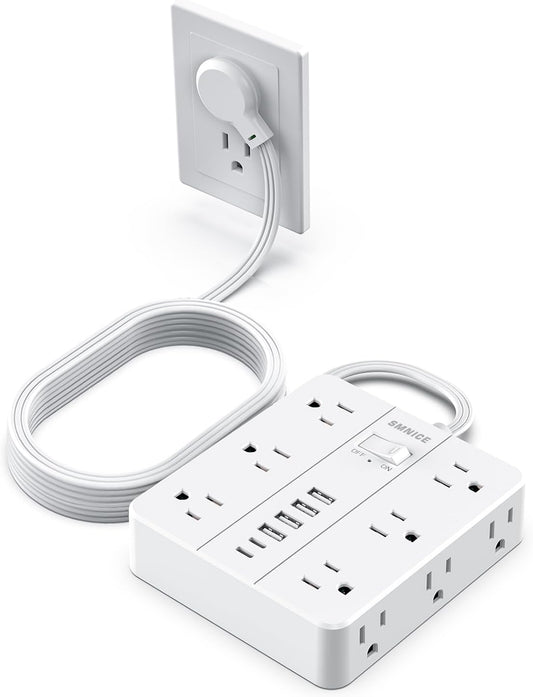 Power Strip 10ft Extension Cord,SMNICE Flat Plug with 12 Outlets 6 USB(2 USB C),Power Strip Charging Station with Overload Protection for Home, Dorm,Office