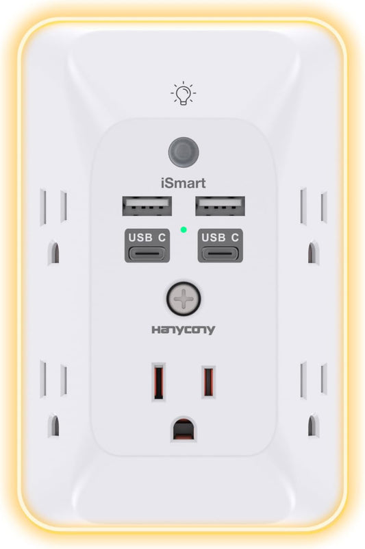 Multi Plug Outlet, Outlet Extender with 4 USB Ports(2 USB C) Night Light
