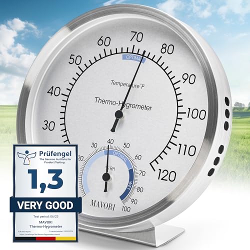 Analog Thermometer – Hygrometer – Thermometer for Indoor – Premium Stainless Steel Temperature Gauge Indicator – Battery Free Operated Temperature and Humidity Monitor – High Accuracy - Ø 12.5
