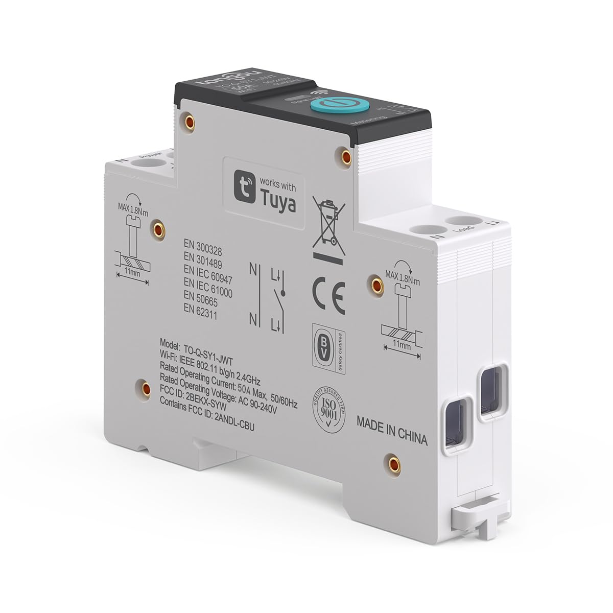 TONGOU DIY 1P+N Smart Wi-Fi Switch, Work with Alexa and Google Assistant for Voice Control, 50A with Energy Monitor, Smart Life/Tuya APP Remote Control, Timer Functions, DIN Rail Mounted,FCC Certified