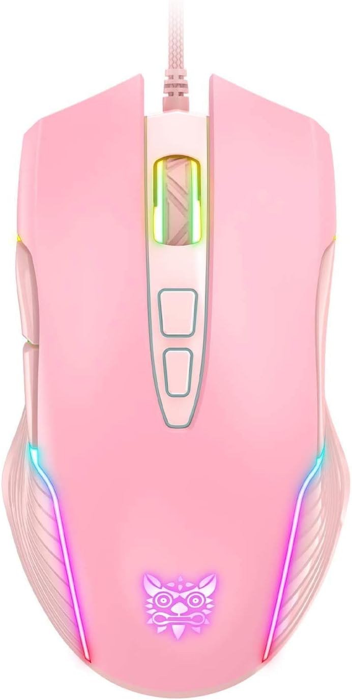 RGB Gaming Mouse Wired, 6400 DPI & 7 Buttons, Pink | USB optical mouse - 6 adjustable DPI levels & 7 programmable buttons, ergonomic design for laptop/Windows PC/Vista/Linux/Mac