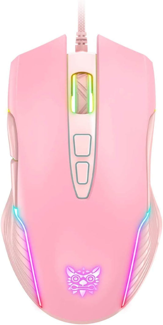RGB Gaming Mouse Wired, 6400 DPI & 7 Buttons, Pink | USB optical mouse - 6 adjustable DPI levels & 7 programmable buttons, ergonomic design for laptop/Windows PC/Vista/Linux/Mac