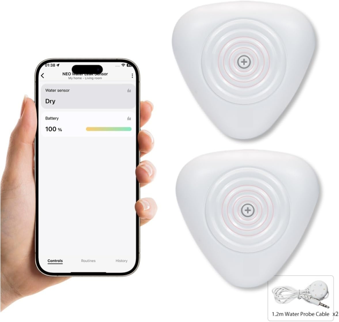 NEO Zigbee 3.0 Water Leak Detector, Smart Water Sensor Alarm for Home & Basement, Compatible with SmartThings and Home Assistant (ZHA & Z2M), 2 Pack