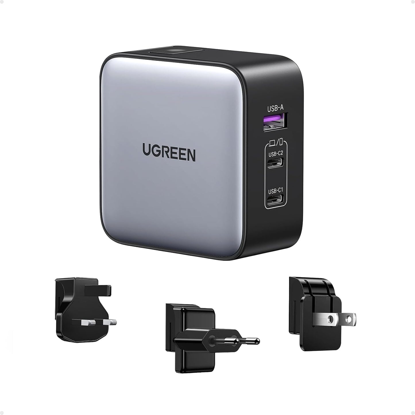 UGREEN 65W USB C Travel Adapter, Foladable Fast GaN Charger with US/UK/EU 3 Plugs, 3-Port International Power Adapter for MacBook Air/Pro, Dell XPS, iPhone 17/16/15, iPad, Galaxy S25/S24, Steam Deck