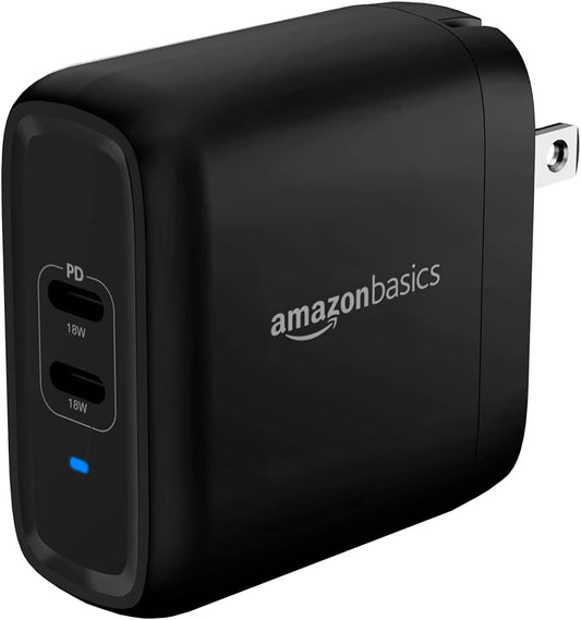 Amazon Basics 36W Dual Port USB-C Wall Charger with Power Delivery, Foldable Plug, for Tablets & Phones (iPhone 15/14/13/12/11/X, iPad, Samsung, and More), Non-PPS, 2.34 x 2.21 x 1.09 inches, Black