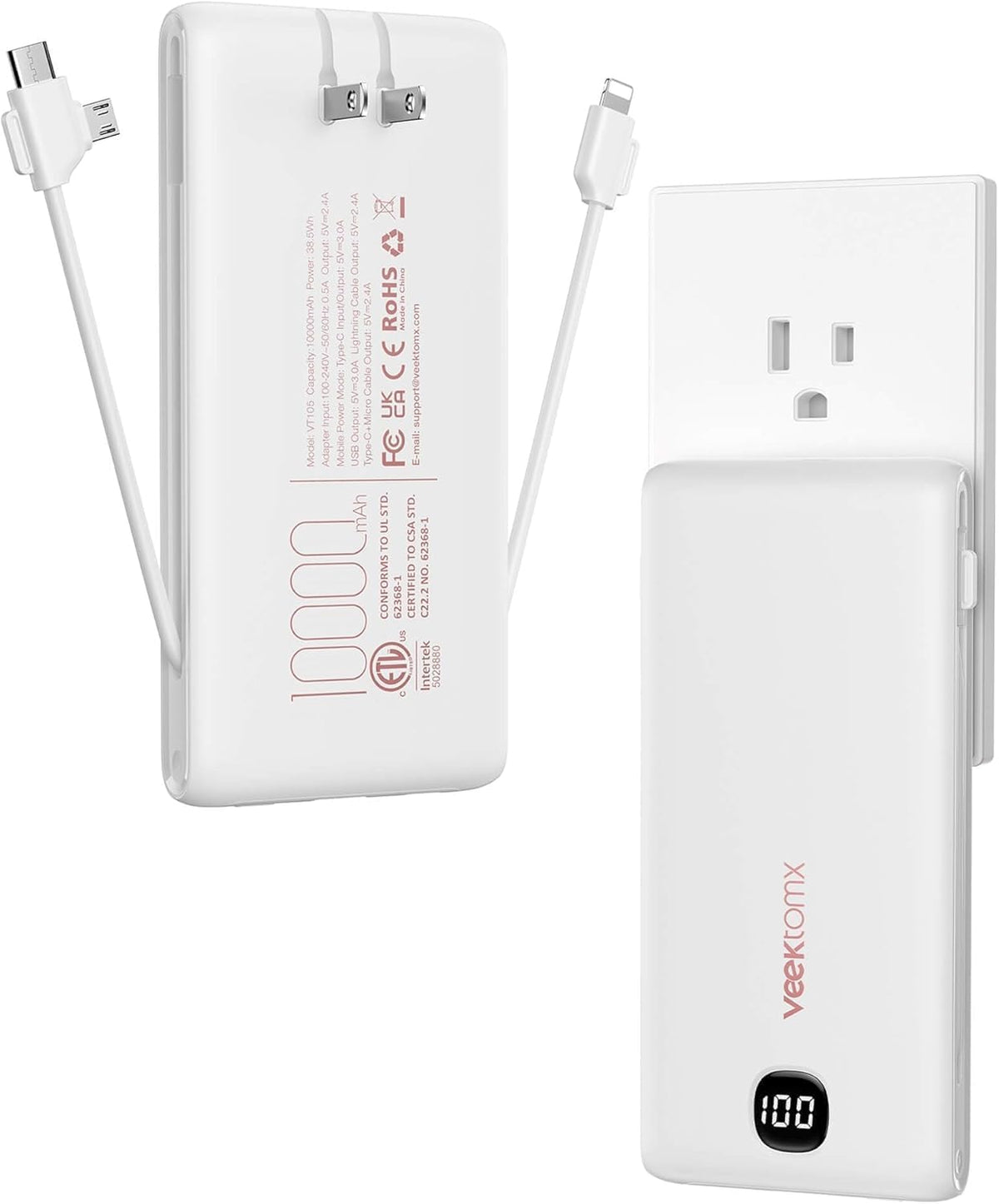 VEEKTOMX 10000mAh Portable Charger with Built-in Cables & Wall Plug | Fast Charging Slim USB-C Power Bank for iPhone, Samsung, iPad | 5 Outputs, Charges 4 Devices | Travel Ready, ETL Certified