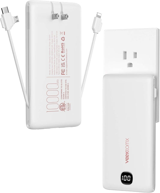 VEEKTOMX 10000mAh Portable Charger with Built-in Cables & Wall Plug | Fast Charging Slim USB-C Power Bank for iPhone, Samsung, iPad | 5 Outputs, Charges 4 Devices | Travel Ready, ETL Certified
