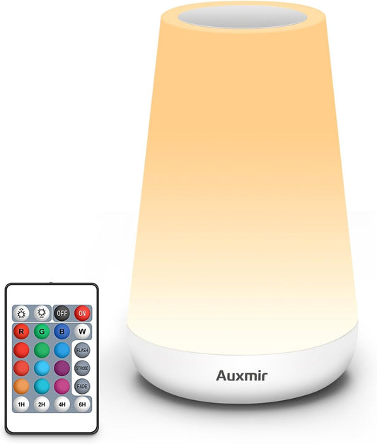 Auxmir Rechargeable Night Light, 13-Color Remote Control Lamp, White | touch control, 13 colors, 5 brightness levels, 4 lighting modes, 1/2/4/6-hour auto-off, portable for nursery and camping