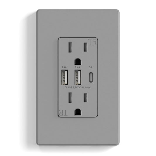 ELEGRP USB Outlets Receptacles, 3-Port Wall Outlet, 30W 6.0A Electrical Outlet, 15 Amp Tamper-Resistant Outlet with Type C Ports, UL Listed, Wall Plate Included, 1 Pack, Matte Gray