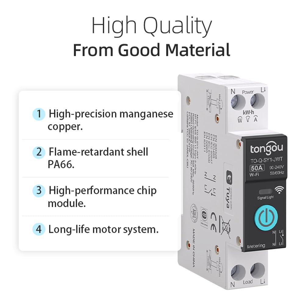 TONGOU DIY 1P+N Smart Wi-Fi Switch, Work with Alexa and Google Assistant for Voice Control, 50A with Energy Monitor, Smart Life/Tuya APP Remote Control, Timer Functions, DIN Rail Mounted,FCC Certified