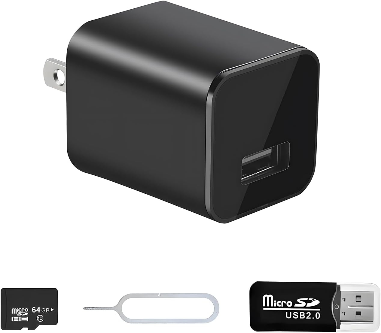 Charger Camera, 1080P Small Camera with Motion Detection, Camera with 64GB Micro SD Card Included, Nanny Camfor Home, Window, Indoor and Security (No WiFi)