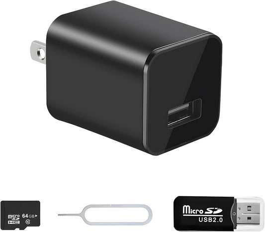 Charger Camera, 1080P Small Camera with Motion Detection, Camera with 64GB Micro SD Card Included, Nanny Camfor Home, Window, Indoor and Security (No WiFi)