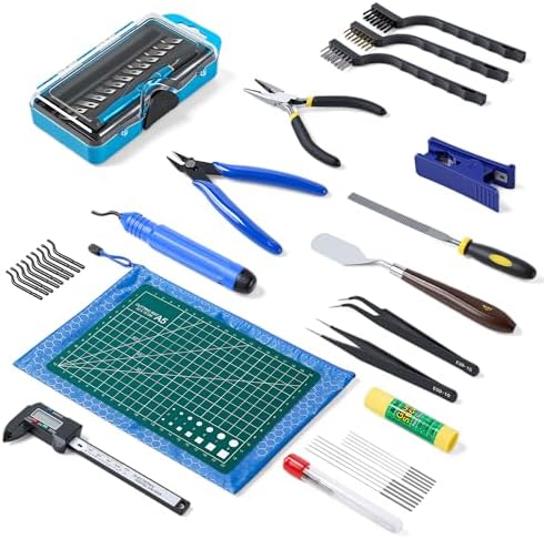 45 Pcs 3D Printer Tool Kit, Cleaning, Finishing, Measuring, Support Removal | Includes Deburring Tool, Digital Caliper, Carving knife, Wire Cutter, Cutting Mat, Brushes, Storage Bag, and more