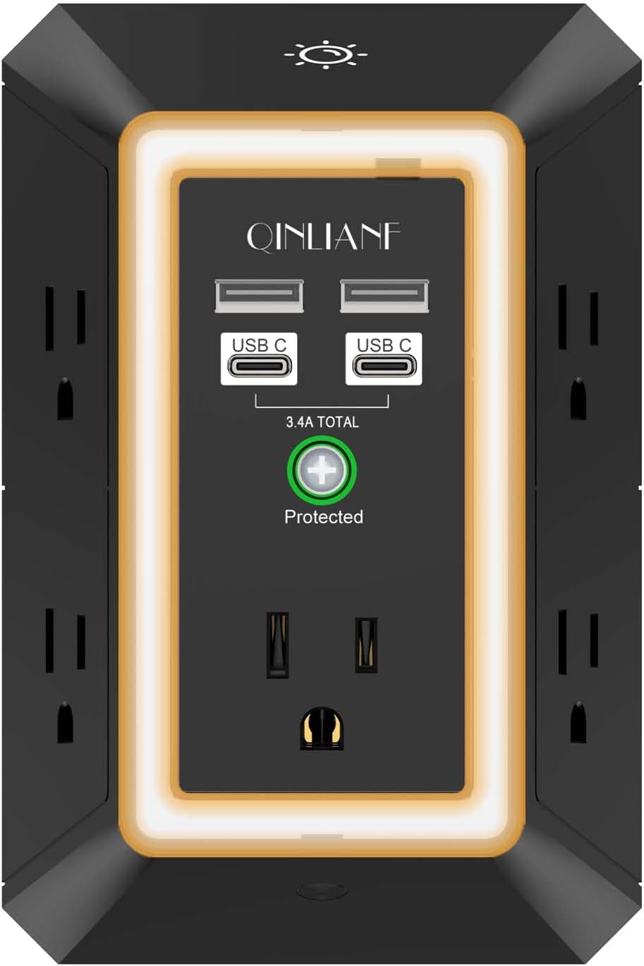 Wall Charger, Surge Protector, QINLIANF 5 Outlet Extender with 4 USB Charging Ports, 3-Sided 1680J Power Strip Multi Plug Adapter Spaced for Home Travel Office
