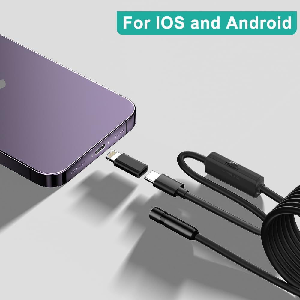 Endoscope with Light,1080P HD Borescope Camera with 8 Adjustable LED Lights 8mm Lens, Inspection Camera with 16.5ft Semi-Rigid Cable, Compatible with for iOS and Android