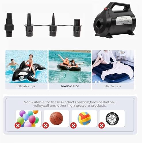 Electric Air Pump 120V for Inflatable Towable Tube/Boat/Air Mattress/Swim Ring/Pool Toy/Snorkel/Water Sports with 5 Valve Adapters