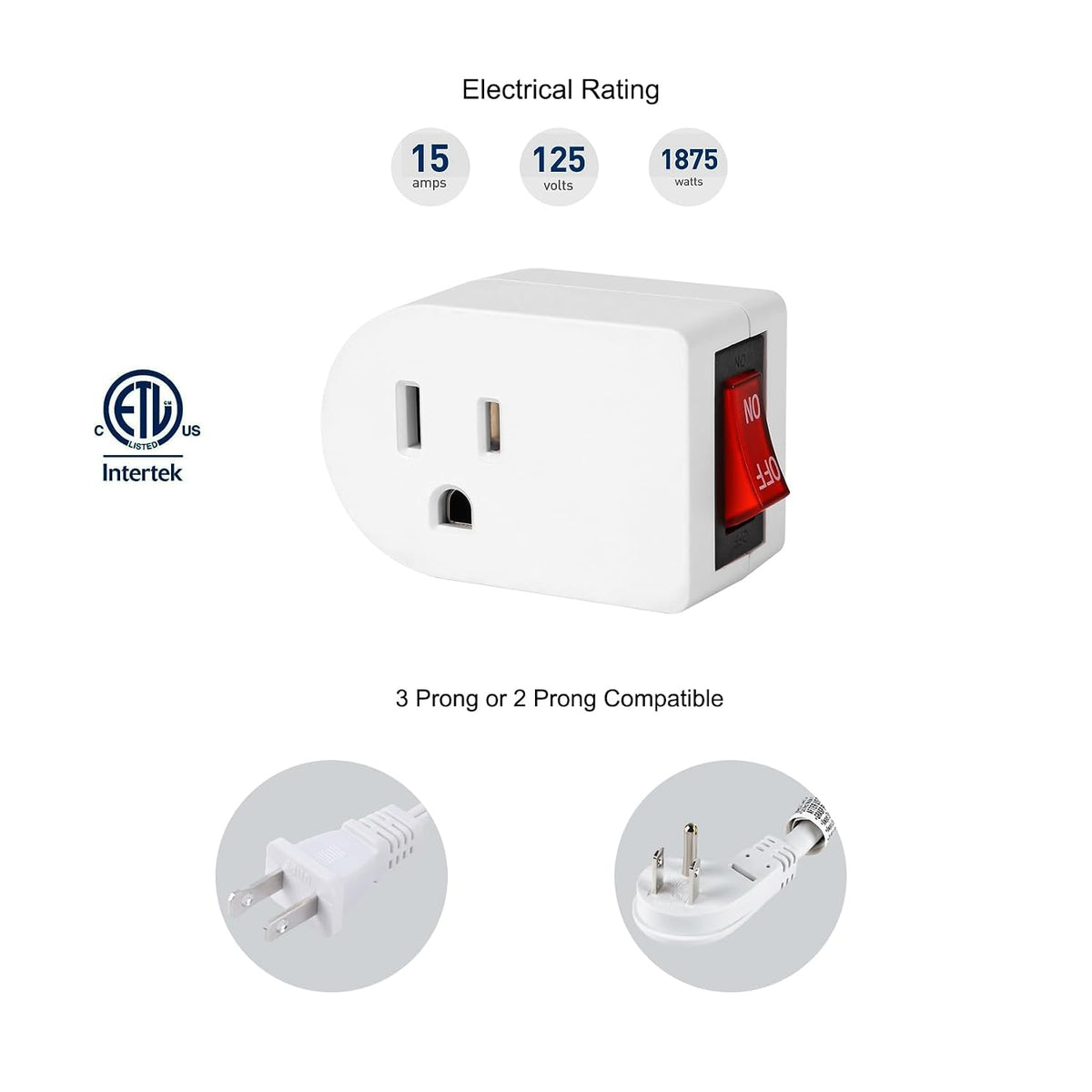 VSEER Grounded Outlet with ON Off Switch, Single Power Adapter Outlet Switch 15A 1875W/3 Prong Plug Switch in White, ETL Listed (White, 4 Pack)