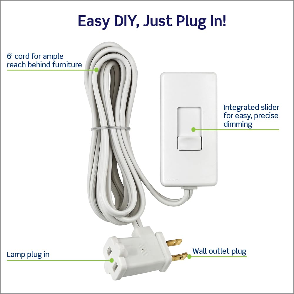 Leviton Table Top Plug in Lamp Dimmer for Dimmable LED, Halogen and Incandescent Bulbs, TBL03-10W, White