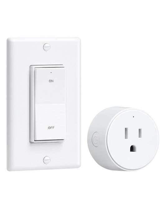 Remote Control Outlet Plug with Decorator Rocker Wall Switch | 200FT Wireless Range, Mini Round Plug, 15A/1875W, for Lamps/Lights/Household Appliances, FCC listed, Pre-Programmed