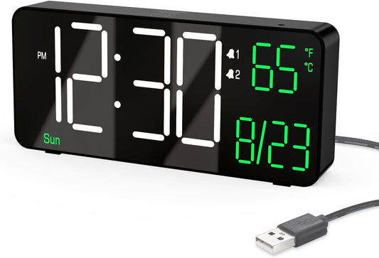 KOSUMOSU Digital Alarm Clocks for Bedrooms,6.7in Black Small Digital Clock for Bedroom, Auto Dimming,Date,Week,Seconds or Indoor Temperature,Desk Clocks for Living Room,LED Alarm Clock Calendar