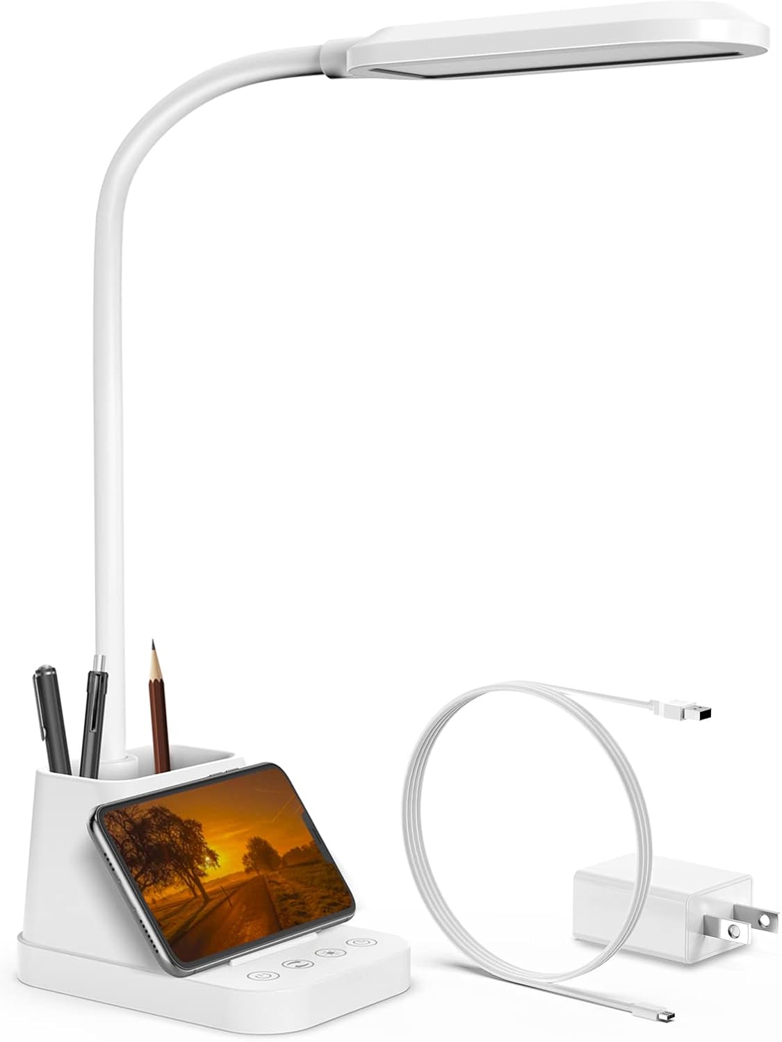 AXX LED Desk Lamp with USB Charging Port for College Dorm Room | for Home Office Bedrooms, Back to School, Black, Small, 650LM, Pen Holder, Timer Settings, Gooseneck, Study Light