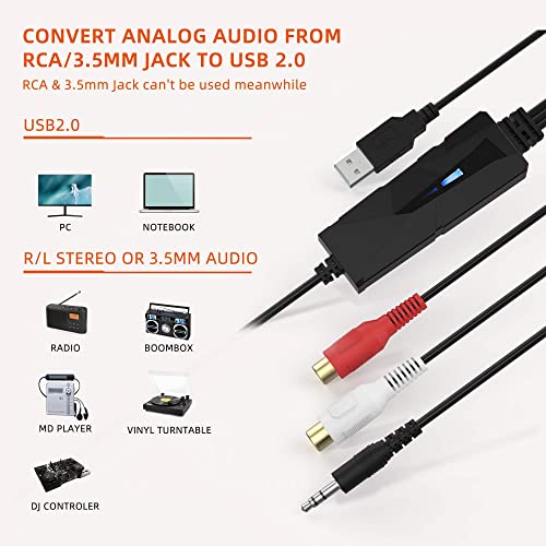 DriverGenius AudioXfer USB A/C Audio Capture Card Device | Convert Analog Cassette Audio to Digital MP3 with 3.5mm/RCA Inputs | Compatible with PC, Mac & Linux (AV202-B, 1-Pack)