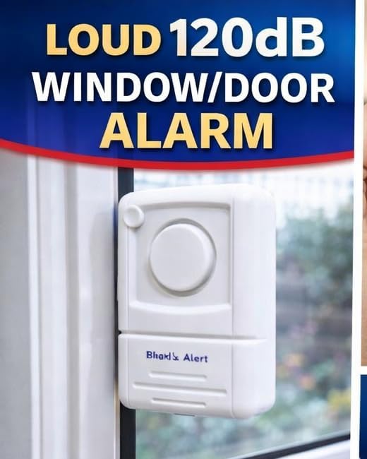 120dB Window or Door Alarm Vibration Security Emergency Burglar Wireless Shock Detection, Home Security, Safety, Apartment, Condo, Dorm, House, Easy, Adhesive, Warning, Battery Operated, Loudest