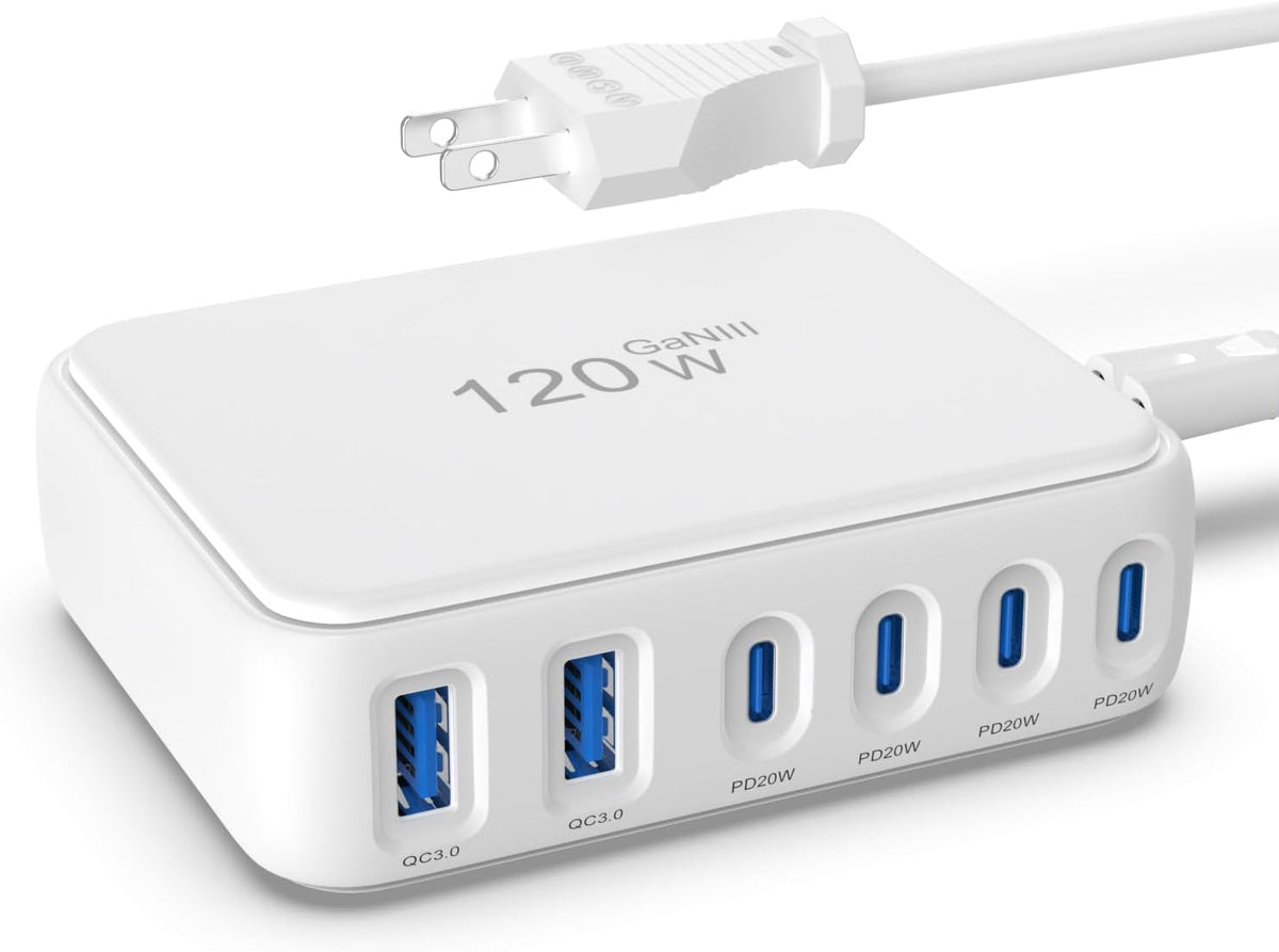6 Independent Fast USB Charging Station USB Power Strip Desktop USB C Charger Block Multiple Ports, GaN Charging Hub Compatible with iPhone/iPad/Samsung/Kindle-Home Office Travel Accessories-120W