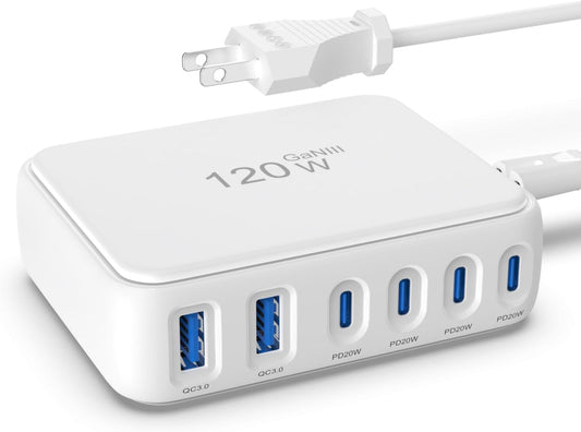 6 Independent Fast USB Charging Station USB Power Strip Desktop USB C Charger Block Multiple Ports, GaN Charging Hub Compatible with iPhone/iPad/Samsung/Kindle-Home Office Travel Accessories-120W