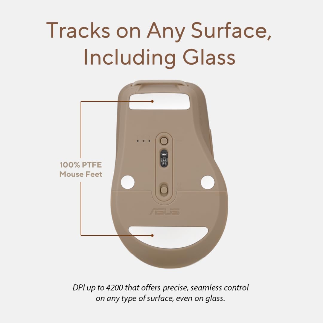 ASUS Wireless SmartO Mouse Silent Plus – Dual Mode (BT/2.4GHz), up to 3 Devices, Ergonomic, 4200 DPI, AA Battery Lasts up to 1 Year, Quiet Switches, Portable, for Productivity/Gaming - Oat Milk