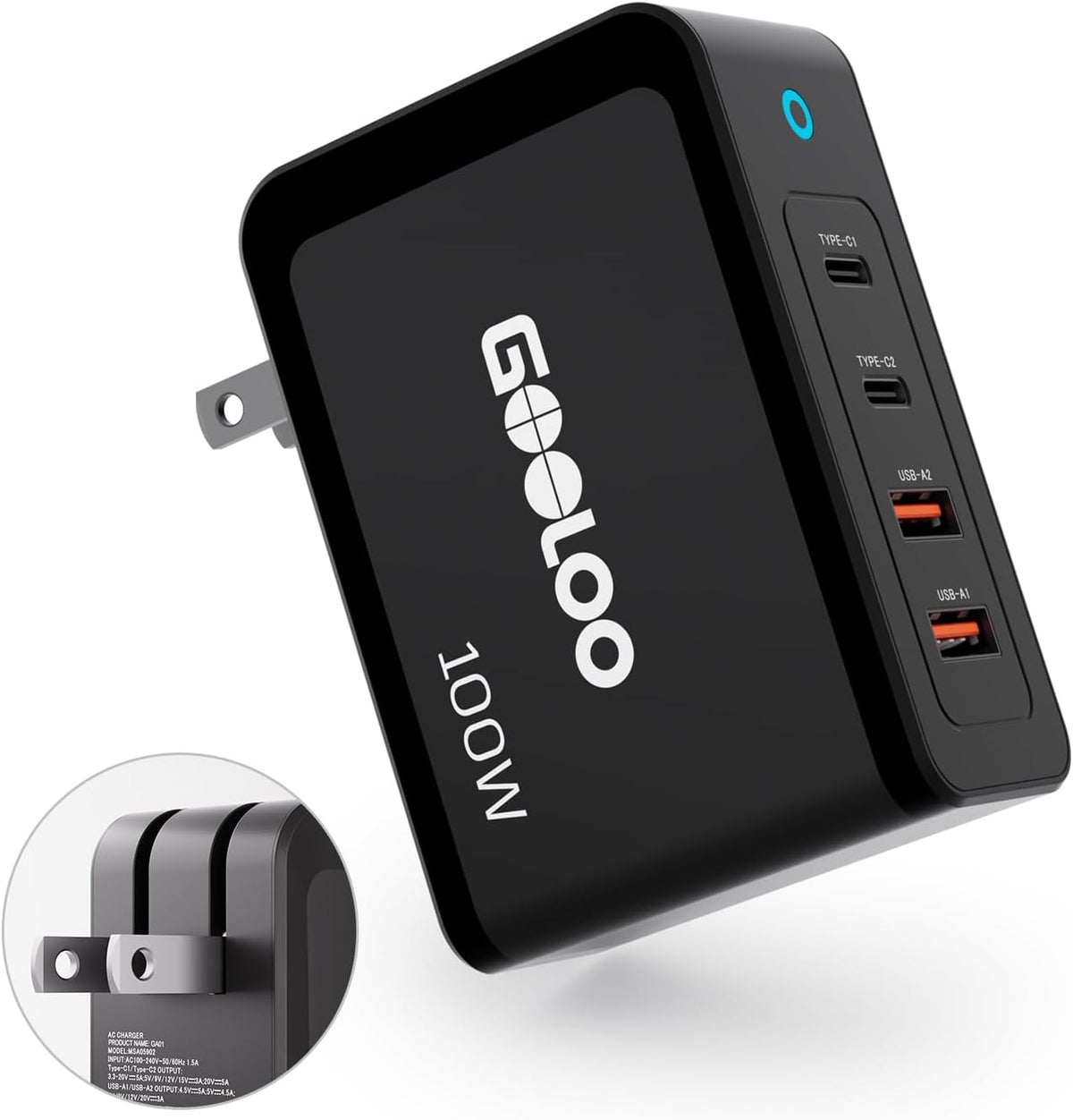 GOOLOO 100W USB C Charger Block - 4-Port Foldable Compact Fast Wall Charger | For MacBook Pro/Air/iPad/iPhone Series and More - SuperSafe Power Adapter for GT3000/GT4000S/GT6000/A7 Jump Starters